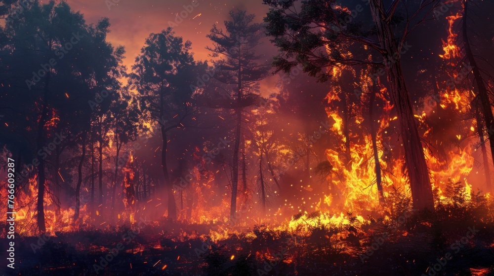 Flames engulfing trees at the edge of a forest at dusk Flames engulfing trees at the edge of a forest at dusk