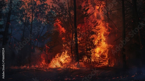 Flames engulfing trees at the edge of a forest at dusk