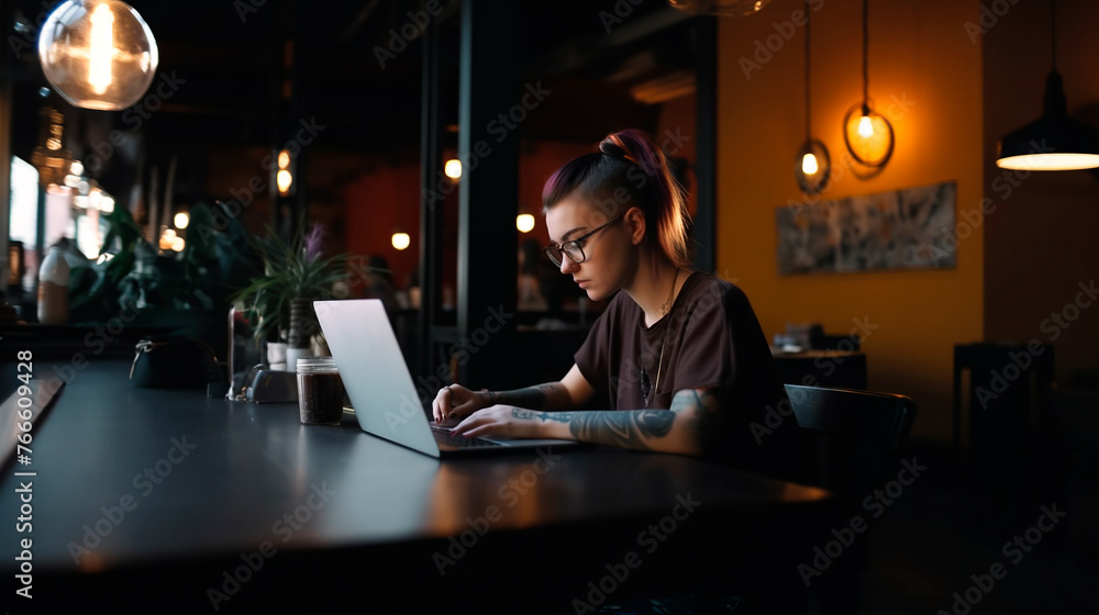 A woman is sitting at a table with a laptop in front of her A woman is sitting at a table with a laptop in front of her