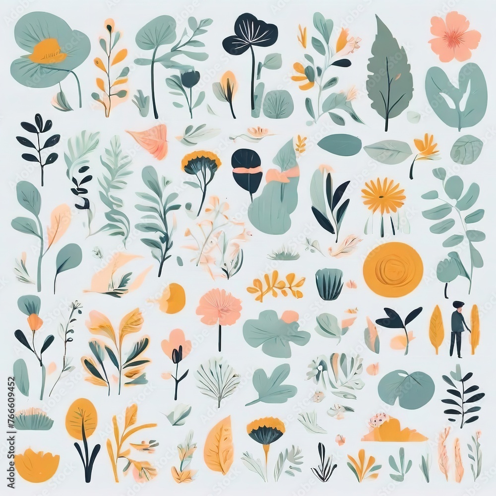 Obraz premium A collection of seamless pattern, colorful abstract plants and flowers. Hand drawn Collection of leaves and flowers. A close up of a pattern of flowers and leaves. 