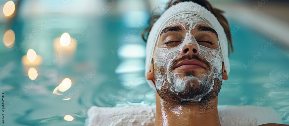 A man in a swimming pool applying a rejuvenating facial mask to his skin, enjoying a relaxing wellness treatment in the water. A man in a swimming pool applying a rejuvenating facial mask to his skin, enjoying a relaxing wellness treatment in the water.
