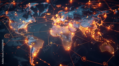 Global Finance Network: World Maps with Financial Hotspots Illuminated. photo