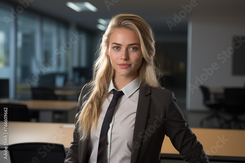 Young pretty blonde girl business uniform