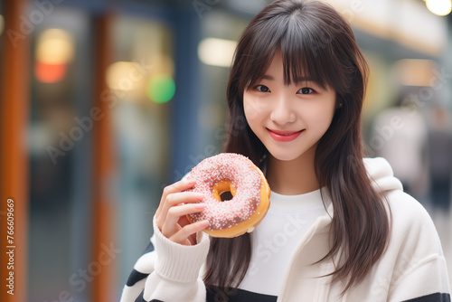 Teen pretty Japanese girl at outdoors holding a donut