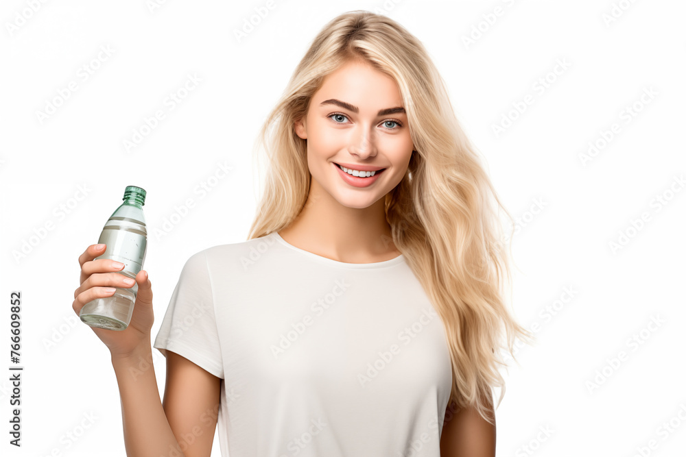 Young pretty blonde girl over isolated white background holding a bottle of water Young pretty blonde girl over isolated white background holding a bottle of water
