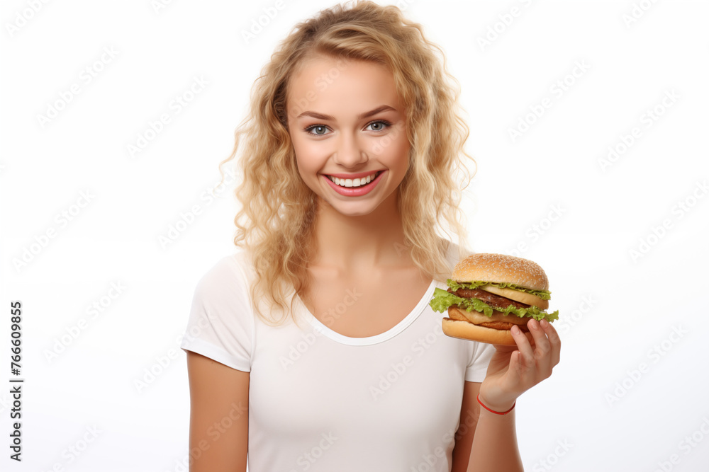 Young pretty blonde girl over isolated white background holding a burger Young pretty blonde girl over isolated white background holding a burger