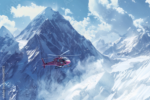 Helicopter flying over snowy mountains