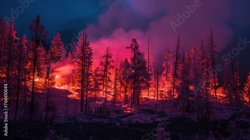 Infrared image of a forest fire at night, showcasing the hot spots