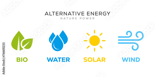 Alternative energy sources logo. Templates for renewable energy or ecology logos. Nature power symbols. Simple icons of alternative energy sources.