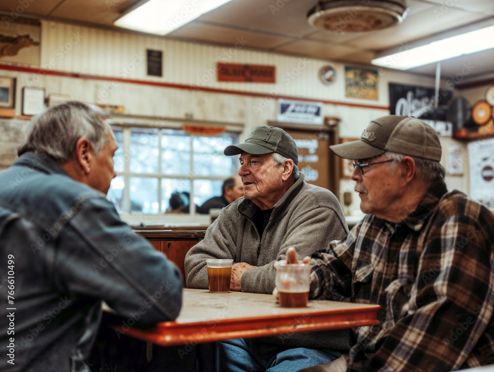Three senior men share camaraderie over coffee in a cozy diner, reflecting enduring friendship and a lifetime of stories. Three senior men share camaraderie over coffee in a cozy diner, reflecting enduring friendship and a lifetime of stories.