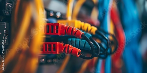 A closeup photo of electrical wires and connections in an engineering communications network. Concept Engineering Communications, Connectivity, Electrical Wires, Closeup Photography