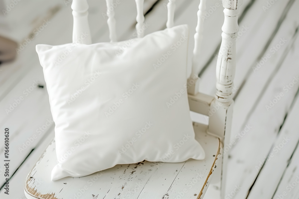 Mockup of white square cushion on white wooden vintage dining chair. Mockup of white square cushion on white wooden vintage dining chair.