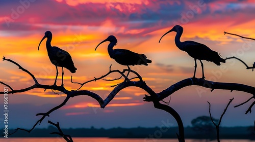 Ibises on Branches Silhouetted at Sunset 