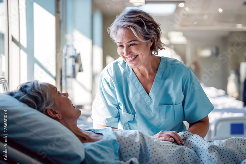 Experienced senior nurse shares a moment of joy with a patient in a sun-filled hospital room, reflecting skilled compassionate care.

