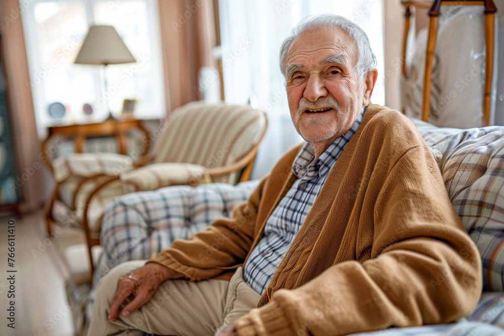 Portrait of old man smiling and looking at the camera sitting on the sofa from home. Closeup male person senior cheerful indoor