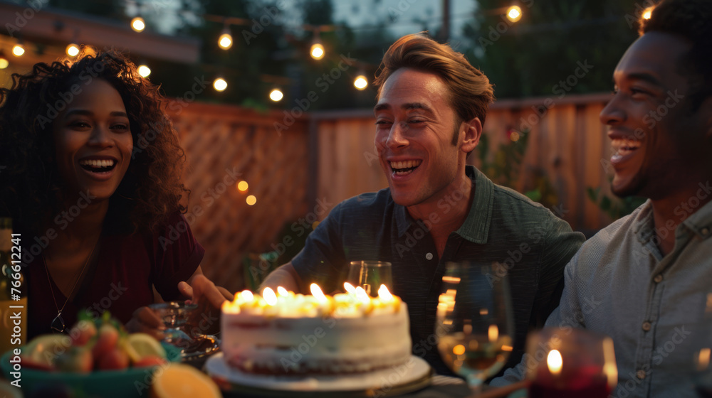 Two children and four adults holding sparklers and smiling together in a garden at dusk. Two children and four adults holding sparklers and smiling together in a garden at dusk.