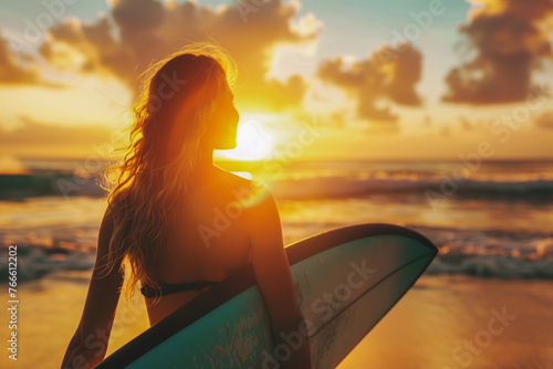 Silhouette of a Female Surfer with Board Watching Sunset on the Beach. Surfing Lifestyle and Summer Vibes Concept photo