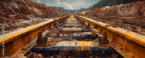 Close-up of heavy construction machinery tracks on muddy terrain