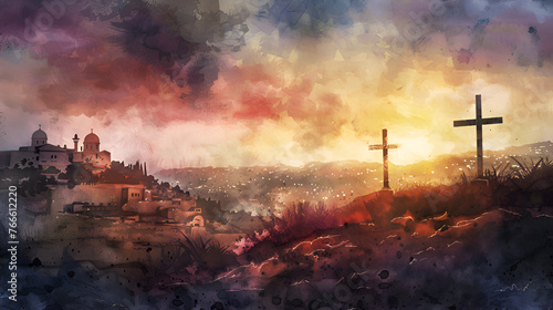 Easter, Golgotha, place of Skull, Jesus christ implar at sunset over the city. Crucifixion 
