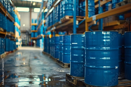 Drum Pallets of Liquid Chemicals in Blue Warehouse Ready for Delivery to Industrial Customers. Concept Chemical Industry, Warehouse Logistics, Shipping Operations, Industrial Safety