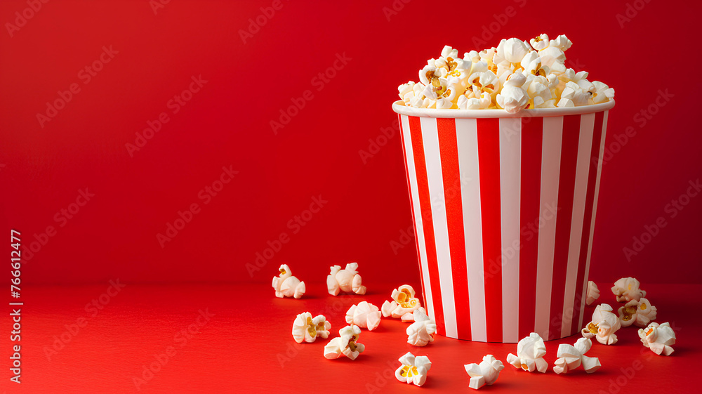 Paper cup with popcorn on red background