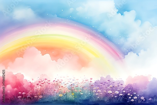 Rainbow meadow background. Watercolor painting. Vector illustration.