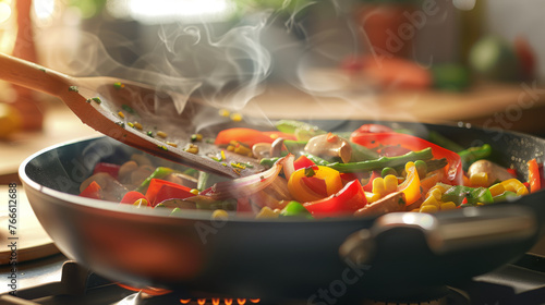 A stir-fried beef and vegetable dish in a cast iron skillet.