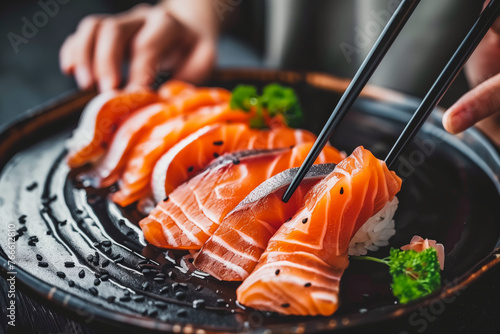 The hands were holding the chopsticks to hold the salmon sashimi. Asian people eating sashimi set in Asian restaurant. Japanese food concept.