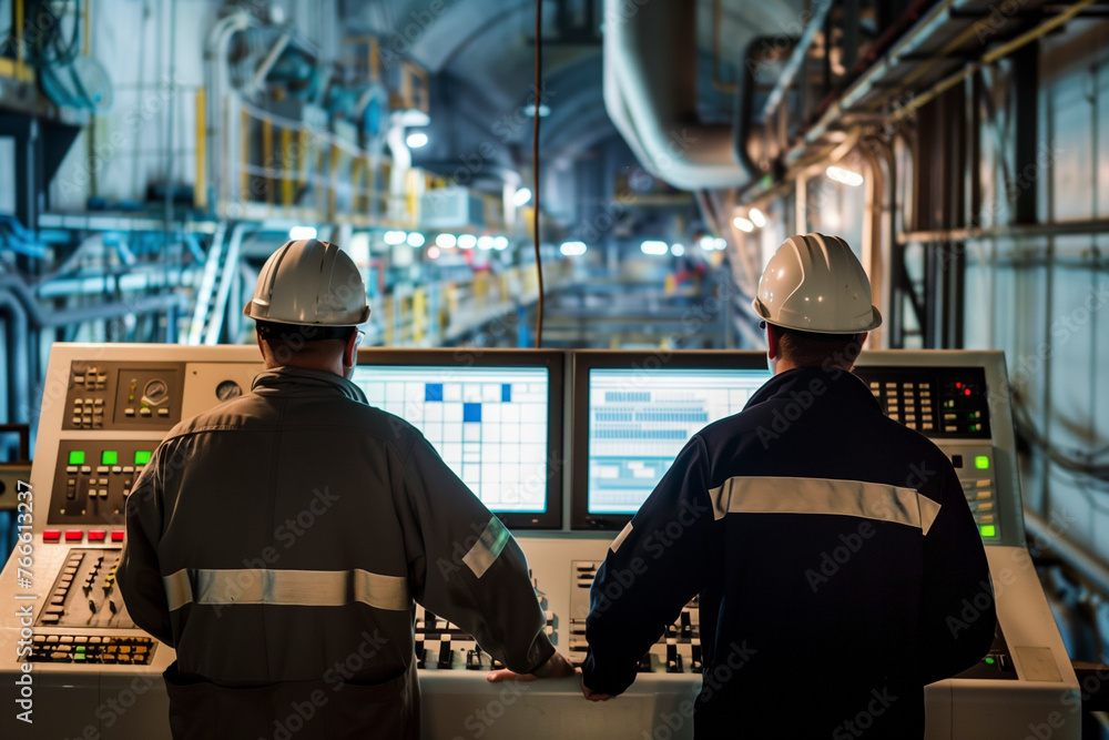 Two engineers operating control panels in an industrial environment Two engineers operating control panels in an industrial environment