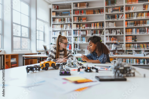 Two students working on robotics in a library.