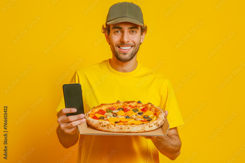 Young man in casual clothes hold italian pizza in cardboard flatbox use black screen mobile cell phone isolated on plain yellow background Proper nutrition healthy fast food unhealthy choice concept