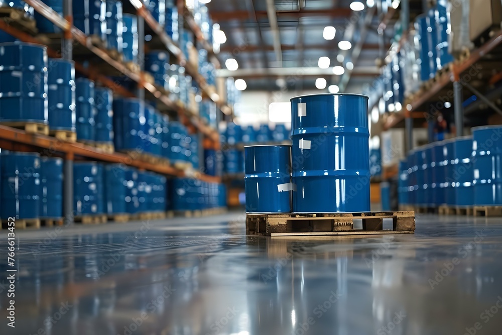 Fototapeta premium Blue barrel drums on pallets in warehouse prepared for shipment to customer in the chemical manufacturing industry. Concept Chemical Manufacturing Industry, Warehouse Operations
