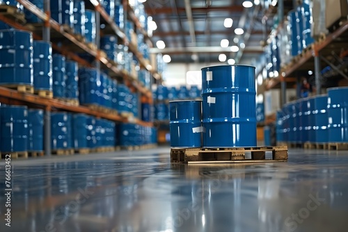 Blue barrel drums on pallets in warehouse prepared for shipment to customer in the chemical manufacturing industry. Concept Chemical Manufacturing Industry, Warehouse Operations