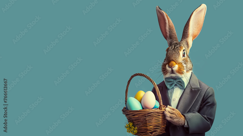 An important Easter bunny in a tuxedo holding a basket of Easter eggs in his paws, on a blue background. with copied space - obrazy, fototapety, plakaty 