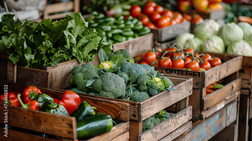  Regional organic shop / farmers market, vegetarian, vegan food background - Fresh healthy vegetables in wooden boxes on table