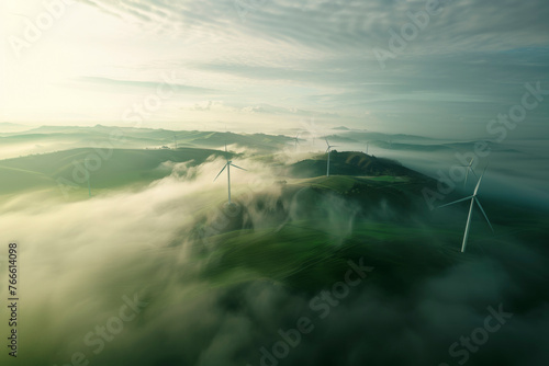 Wind turbines above mist-covered hills at dawn photo