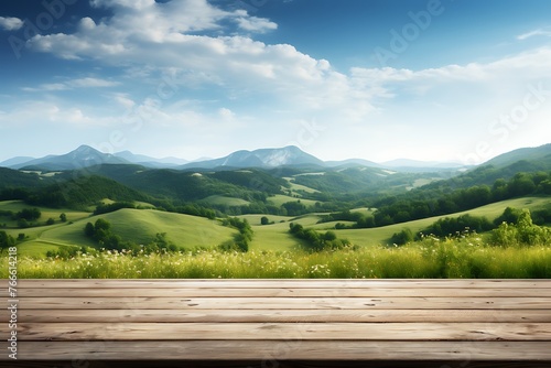 beautiful summer landscape with green meadow and blue sky with clouds