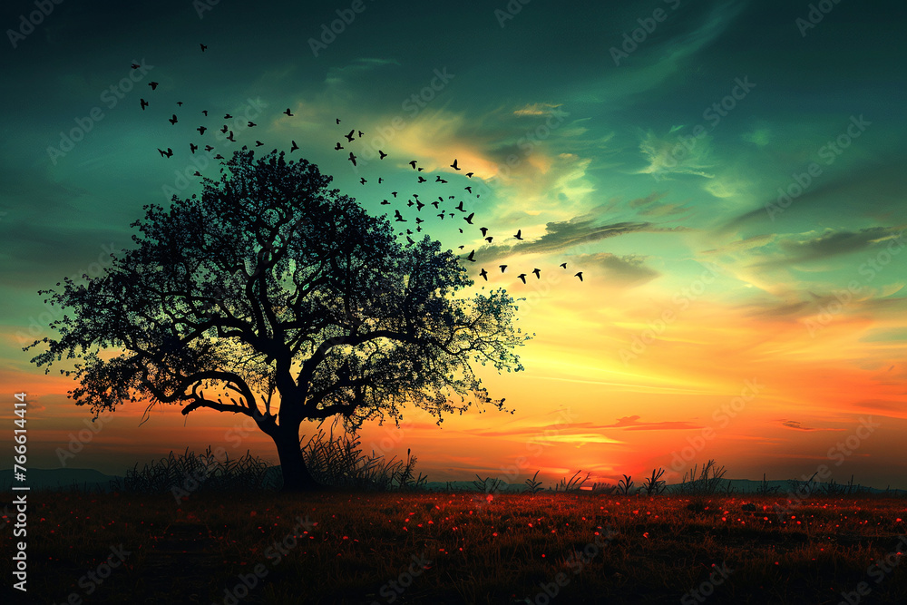Beautiful photo of large tree against the backdrop of the setting sun and birds flying past. Summer sunset
