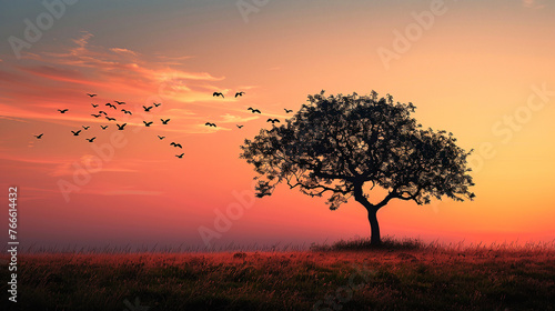 Beautiful photo of large tree against the backdrop of the setting sun and birds flying past. Summer sunset
