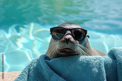 a Seal in sunglasses relaxing on the sunbed by swimming pool.