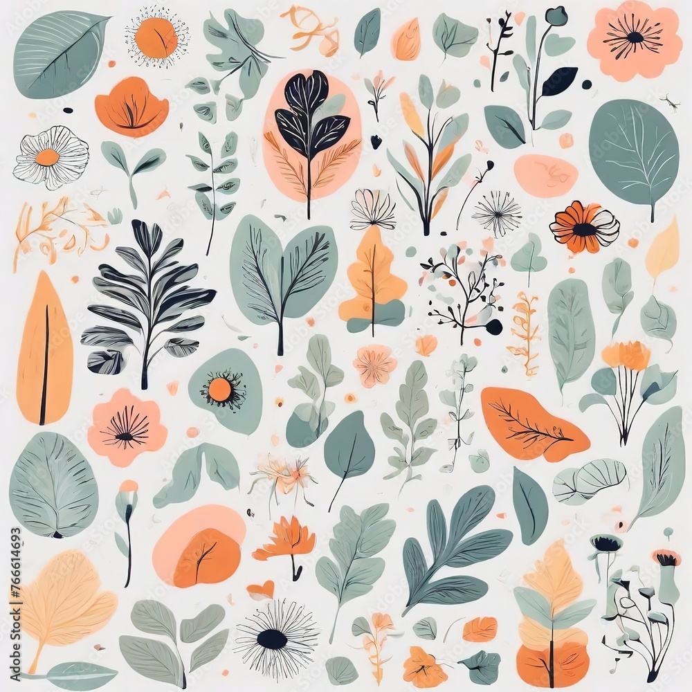 A collection of seamless pattern, colorful abstract plants and flowers. Hand drawn Collection of leaves and flowers. A close up of a pattern of flowers and leaves.
A collection of seamless pattern, colorful abstract plants and flowers. Hand drawn Collection of leaves and flowers. A close up of a pattern of flowers and leaves.