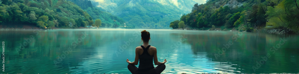 Fototapeta premium A woman is seated on a large rock positioned in the center of a calm lake, surrounded by water and distant trees in the background
