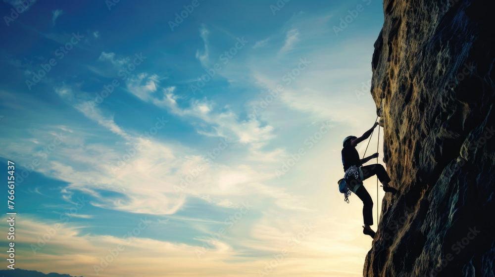 A man in climbing gear ascending a steep rocky mountain face A man in climbing gear ascending a steep rocky mountain face