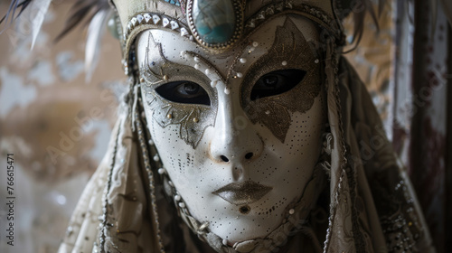 A woman wearing a white mask adorned with feathers on her head, creating a striking and elegant appearance