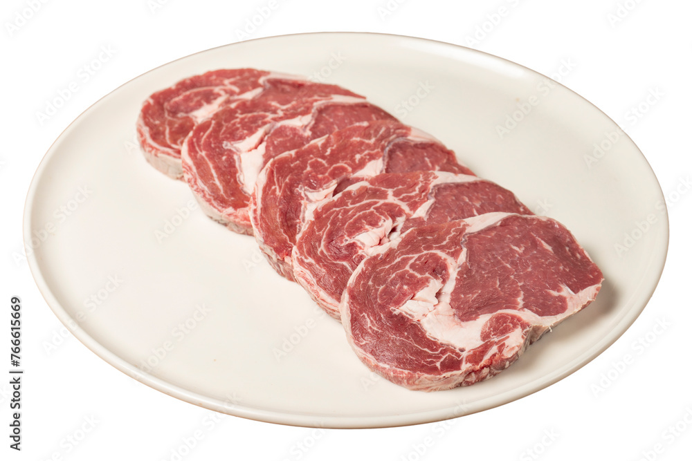 Raw beef ribeye meat. Butcher products. Fresh beef ribeye meat isolated on white background.