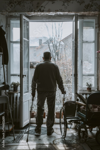 An elderly man with a cane stands in contemplation at the open doors, looking out at a bare tree, with a wheelchair nearby suggesting mobility challenges © sommersby