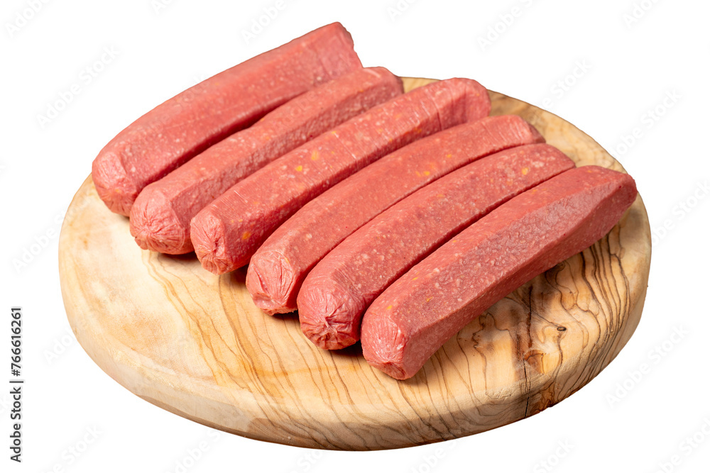Raw sausage. Butcher products. Sausages made from uncooked beef isolated on white background. Close up Raw sausage. Butcher products. Sausages made from uncooked beef isolated on white background. Close up