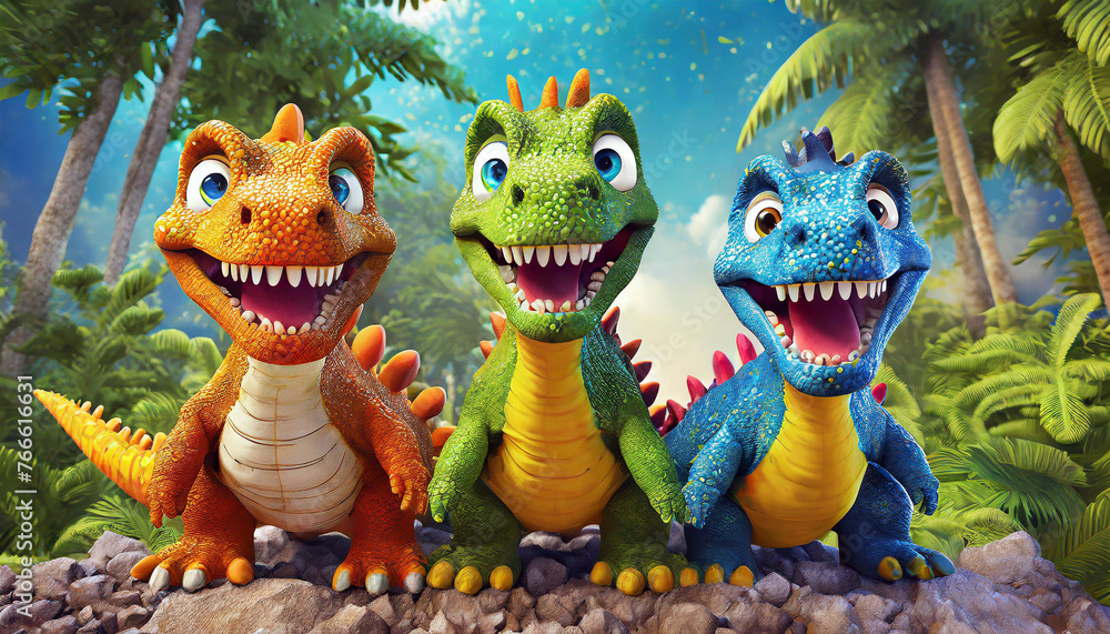 Naklejka premium 3d claymation artwork of 3 happy and cute dinosaurs. AI generated.
