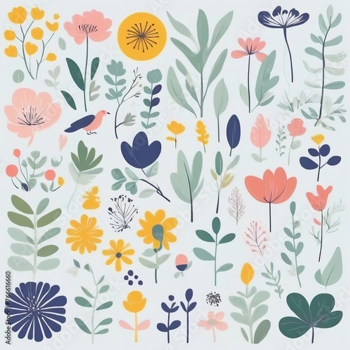 A collection of seamless pattern, colorful abstract plants and flowers. Hand drawn Collection of leaves and flowers. A close up of a pattern of flowers and leaves. 