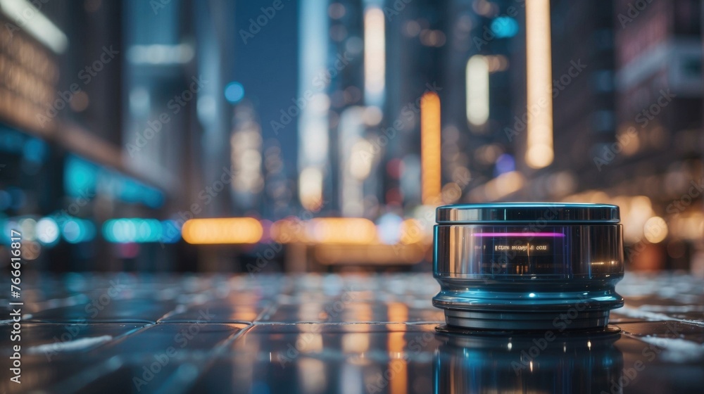 A camera lens sitting on a table in front of city lights. Generative AI. A camera lens sitting on a table in front of city lights. Generative AI.